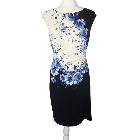 RALPH LAUREN Floral Matte Jersey Sheath Dress Ruched Side Sz 8 Travel Knit Lined - Picture 1 of 16